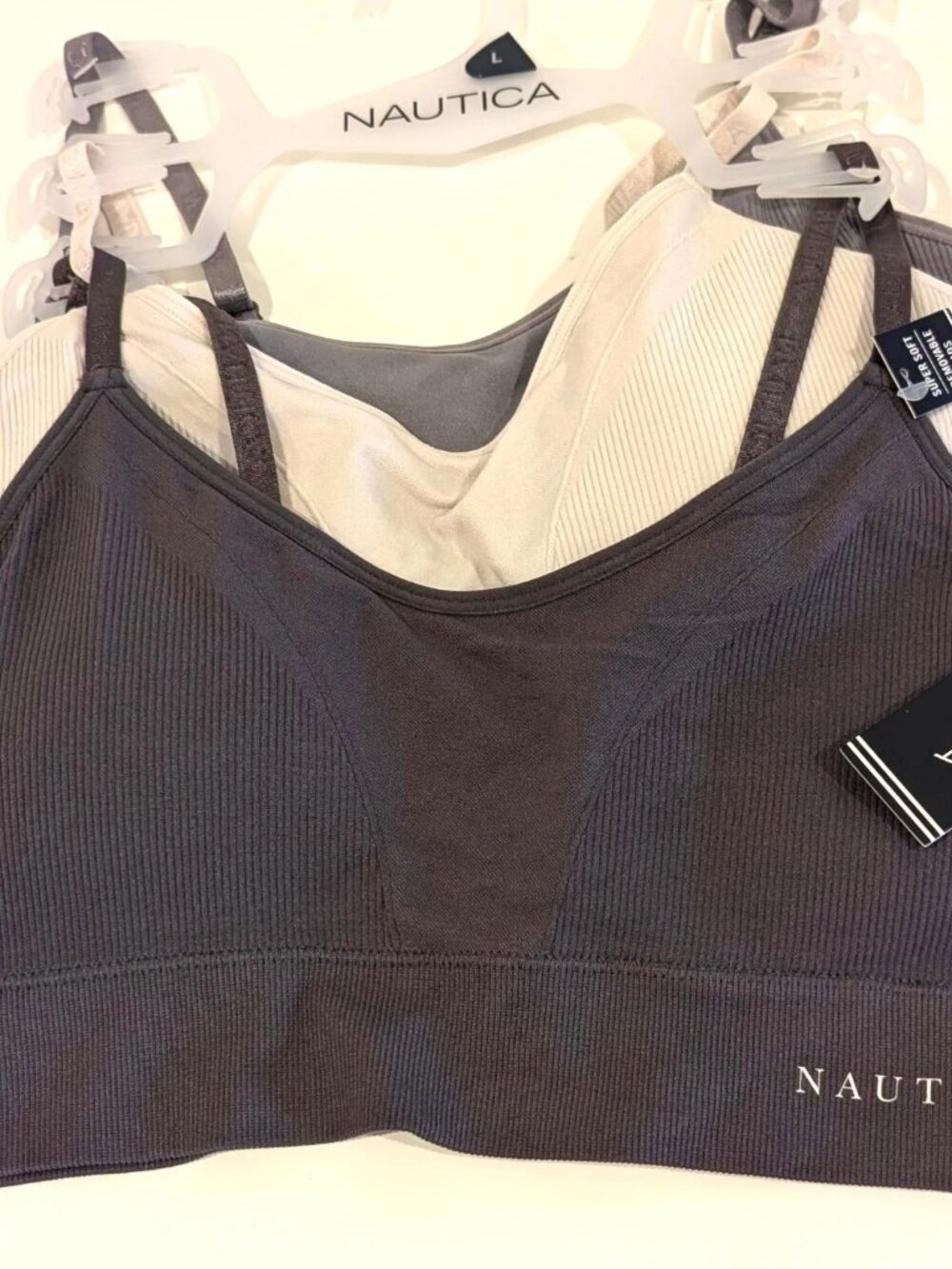 NWT Nautica Womens Seamless Ribbed Bralettes 3 Pack Removable Pads Grey Large L